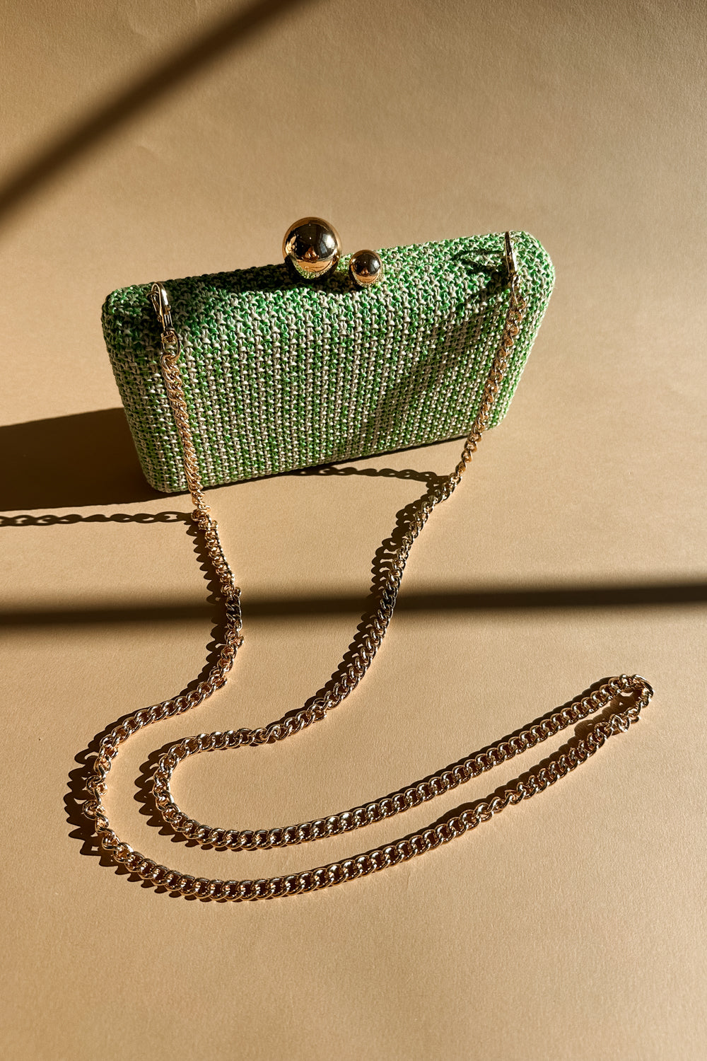 Klara Green Woven Purse - top view with chain