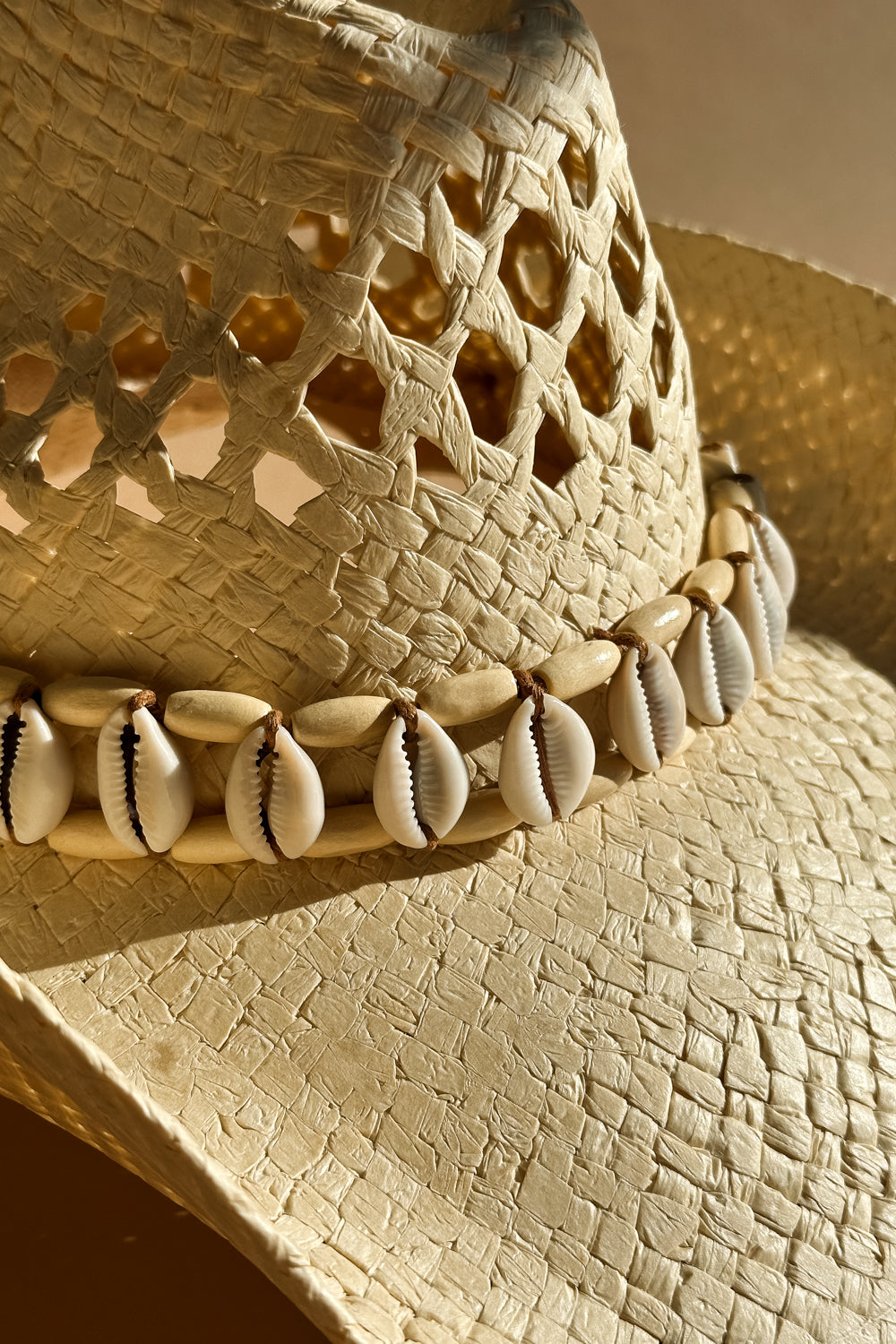 Jasmine Beige Seashell Straw Hat - flat lay front close up