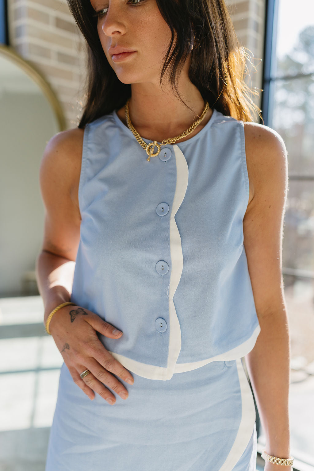 Alayah Light Blue & White Scallop Tank- top view