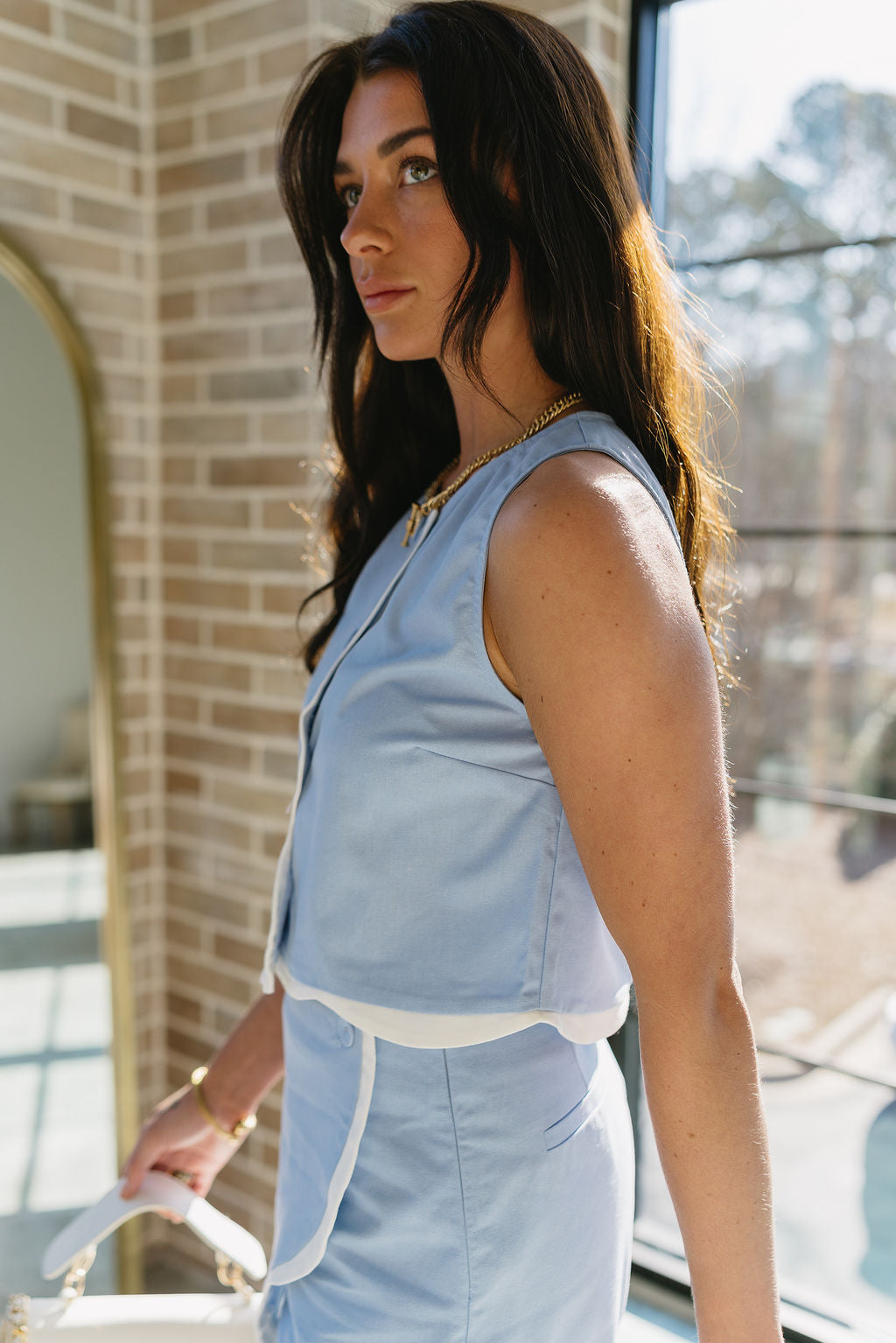 Alayah Light Blue & White Scallop Tank- close up side view