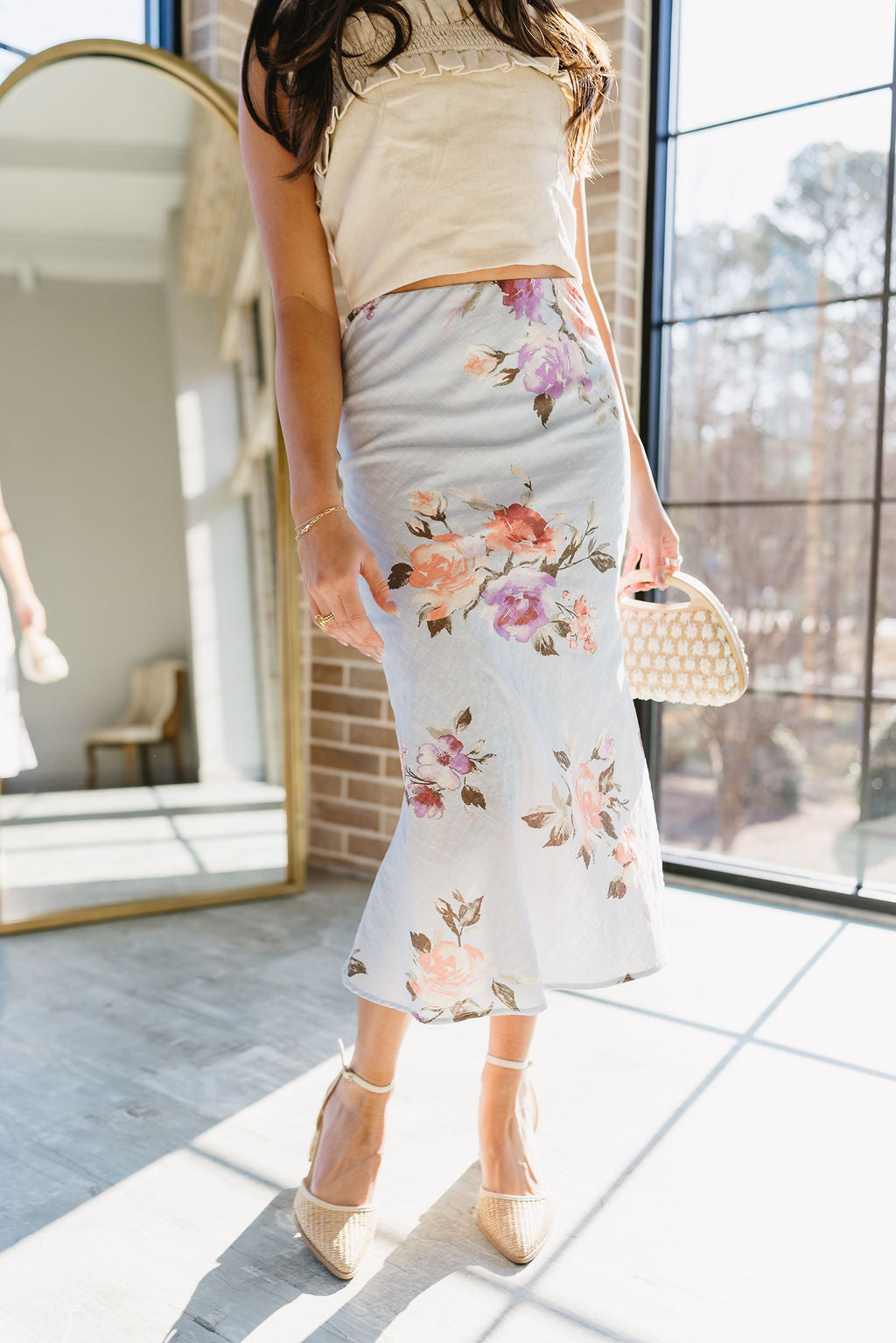 Raelyn Light Blue Multi Floral Midi Skirt- top view