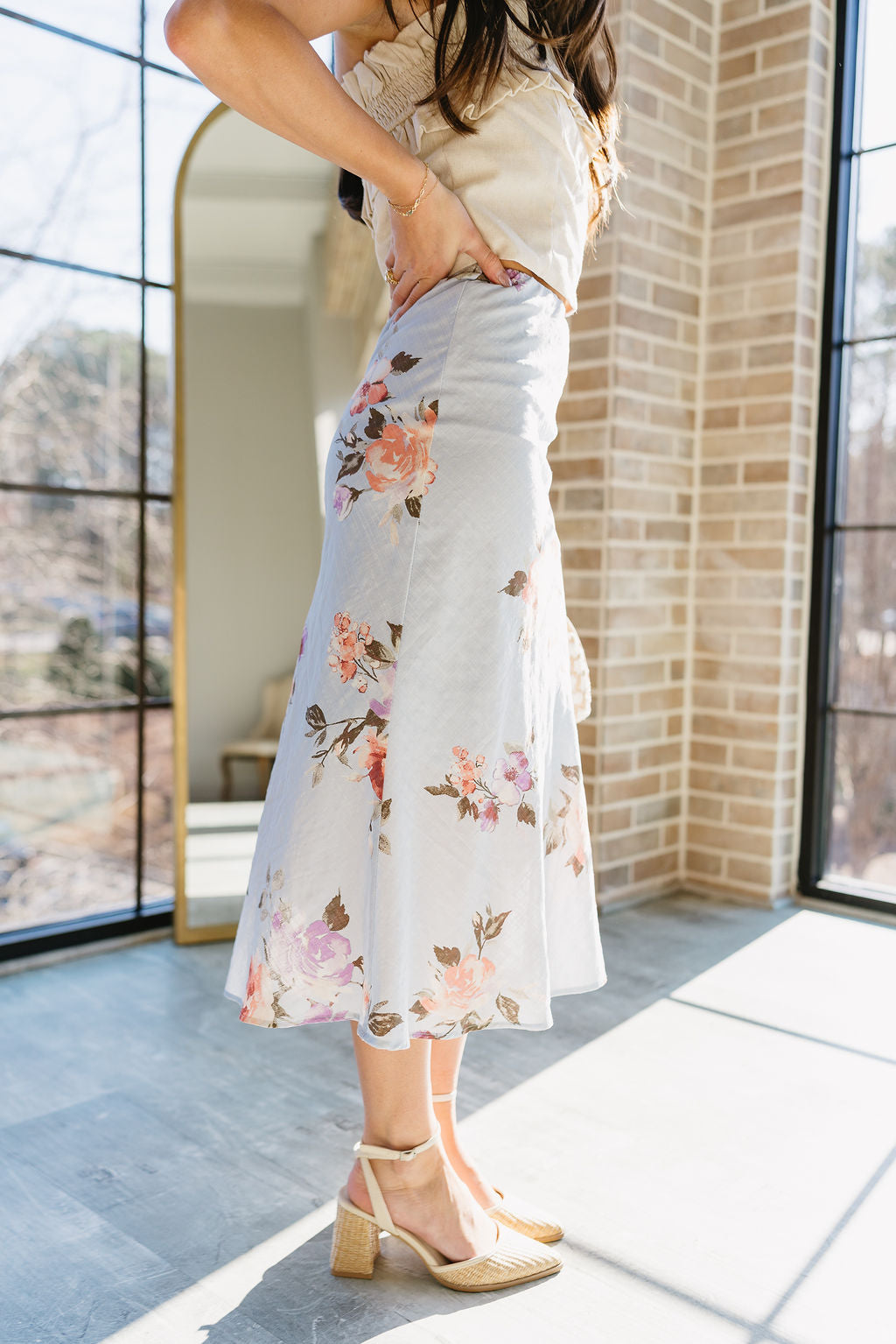 Raelyn Light Blue Multi Floral Midi Skirt- side view