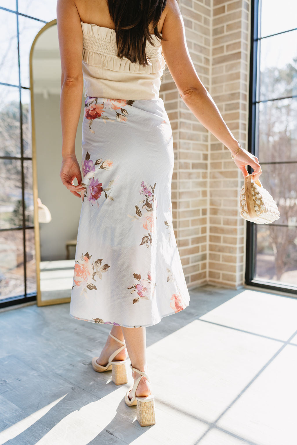 Raelyn Light Blue Multi Floral Midi Skirt- close up back view