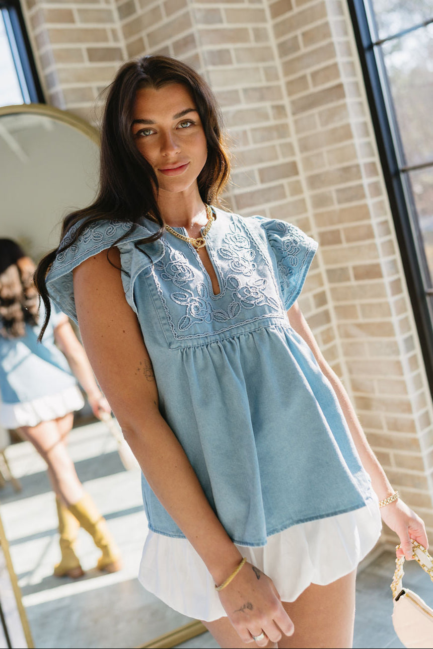 Destiny Denim Ruffle Short Sleeve Top- front view