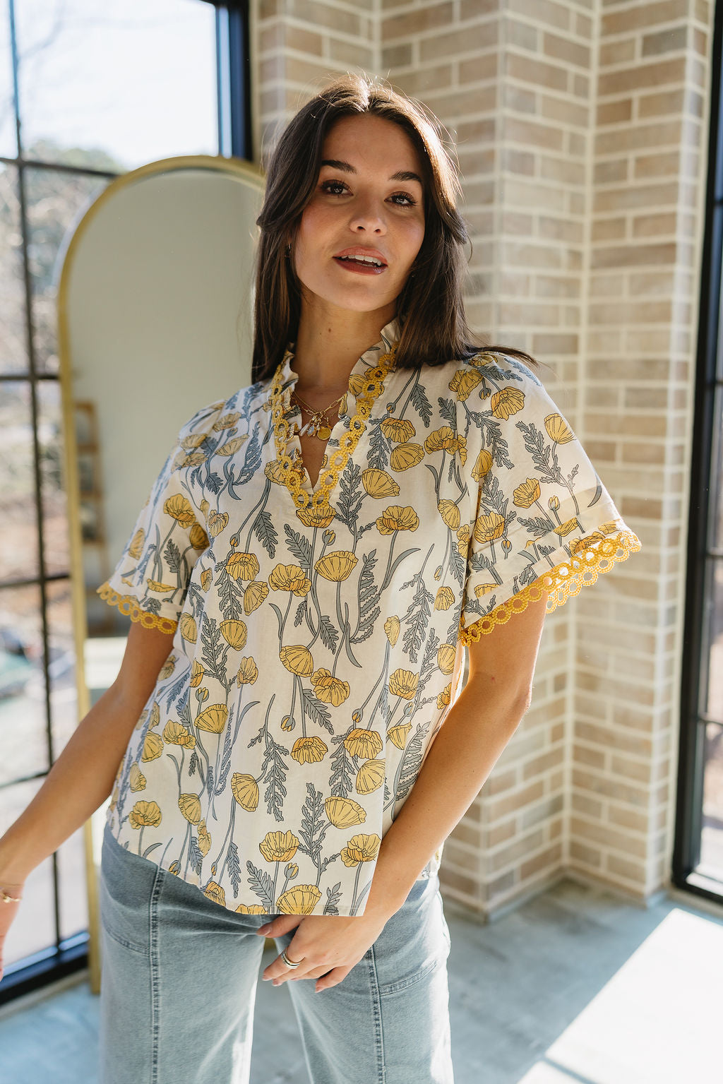 Camryn Yellow & Grey Floral Top- top view