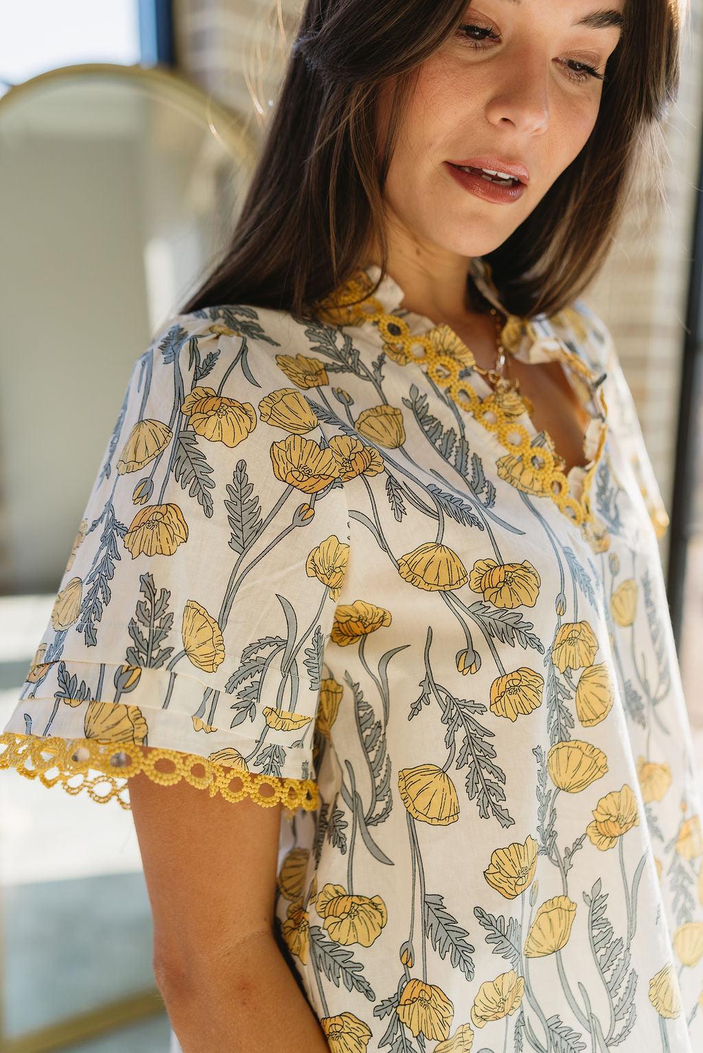 Camryn Yellow & Grey Floral Top- close up side view