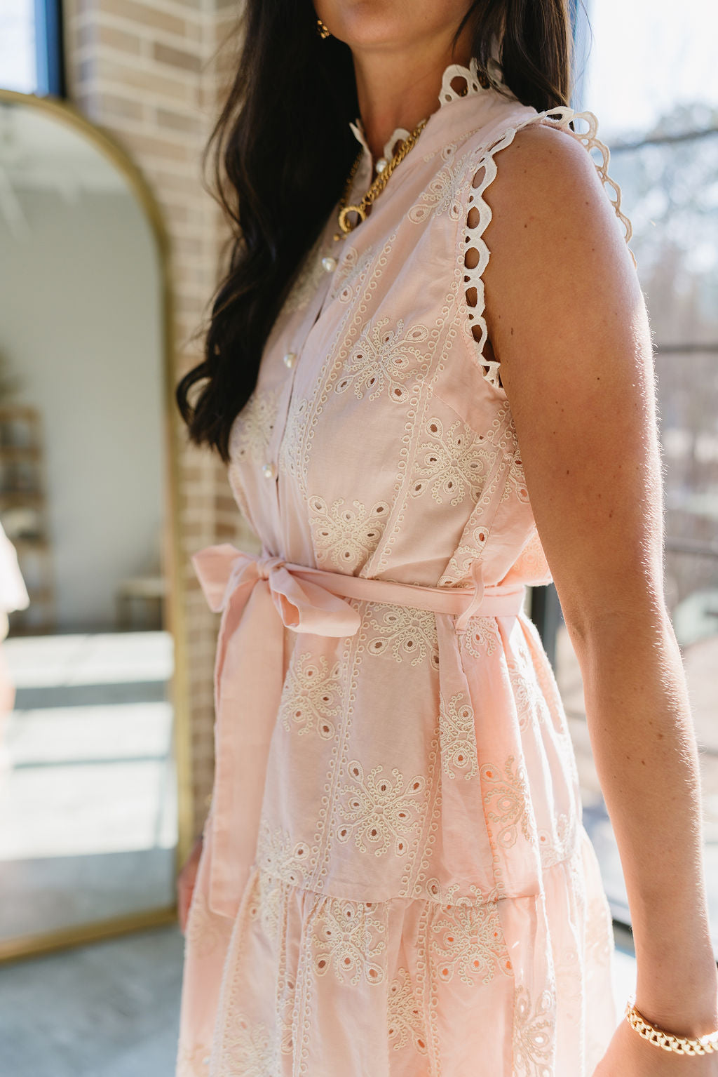 Paislee Light Pink & Cream Eyelet Lace Mini Dress- close up side view