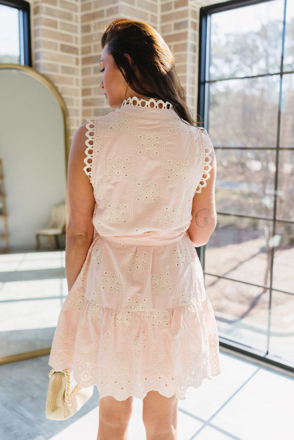 Paislee Light Pink & Cream Eyelet Lace Mini Dress- full body back view