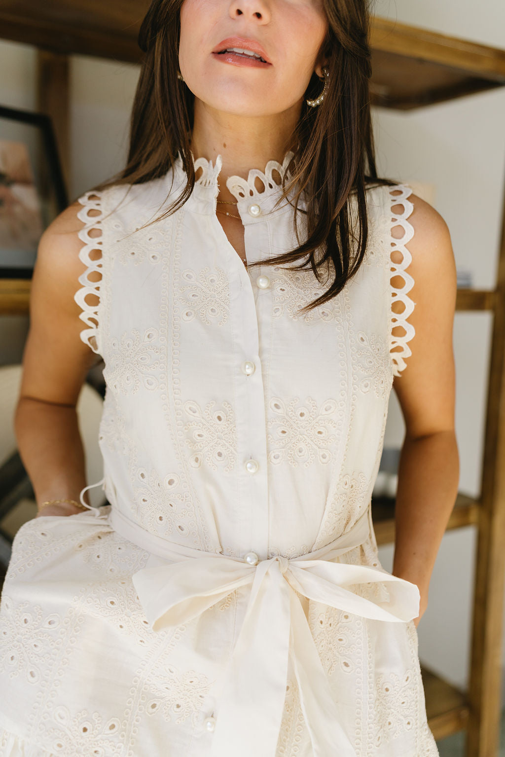 Paislee Natural & Cream Eyelet Lace Mini Dress- close up top view