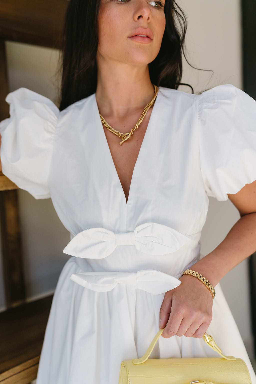 Alena White Bows Short Puff Sleeve Dress- close up top view