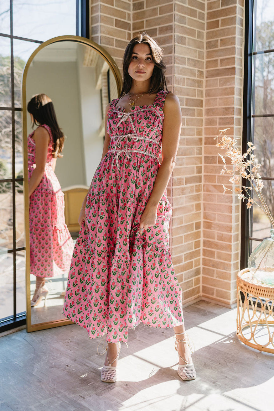 Cora Pink & Green Floral Midi Dress - full body front view