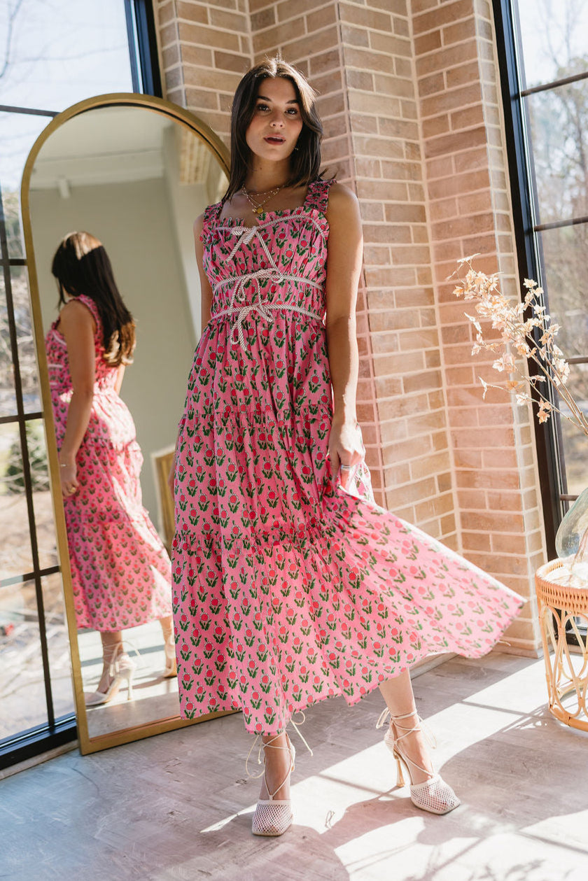 Cora Pink & Green Floral Midi Dress - Lizard Thicket Cora Pink & Green Floral Midi Dress - Lizard Thicket