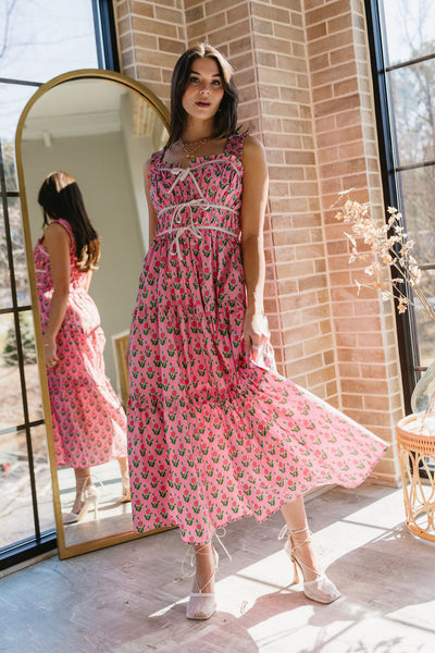 Cora Pink & Green Floral Midi Dress - Lizard Thicket