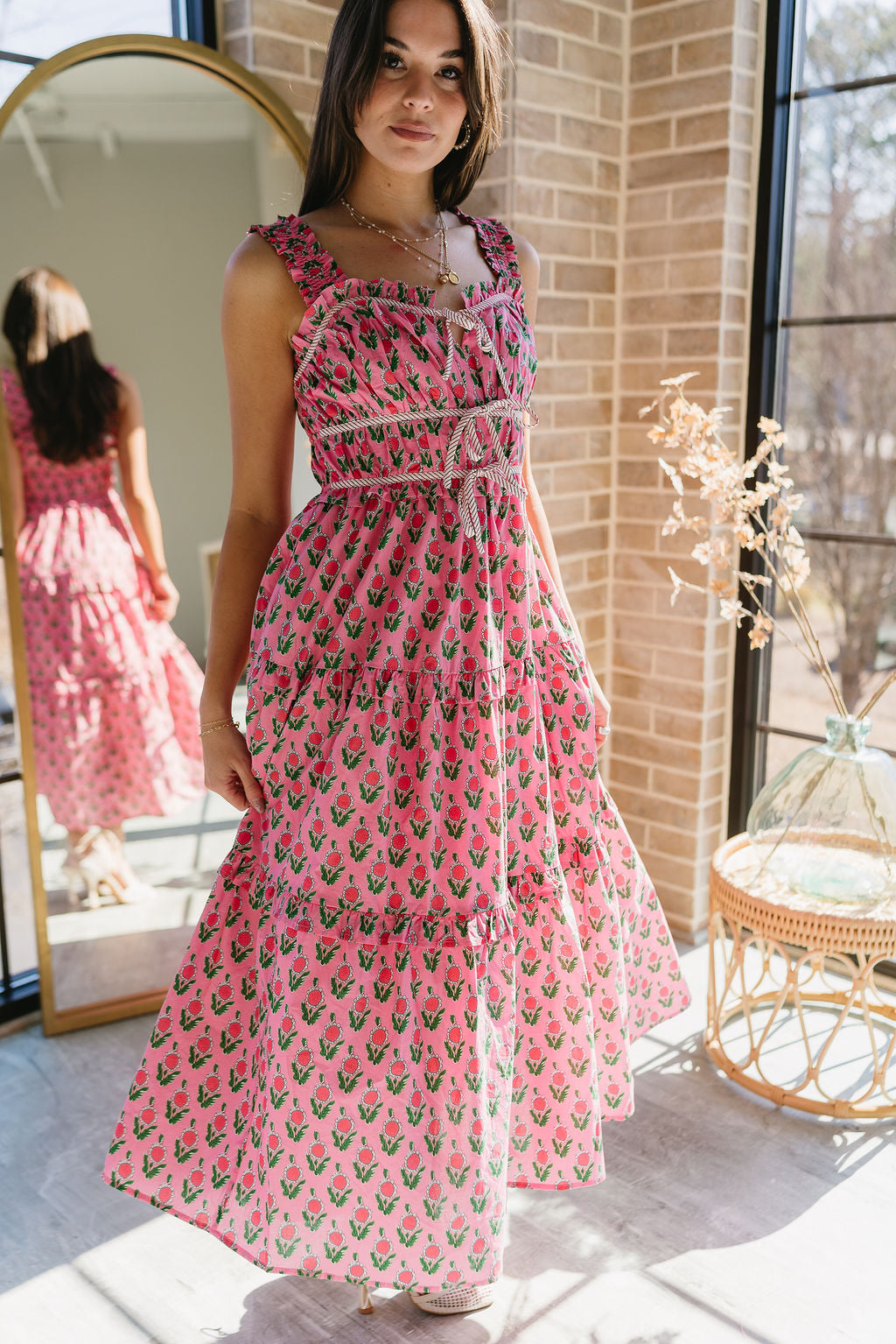 Cora Pink & Green Floral Midi Dress - front view