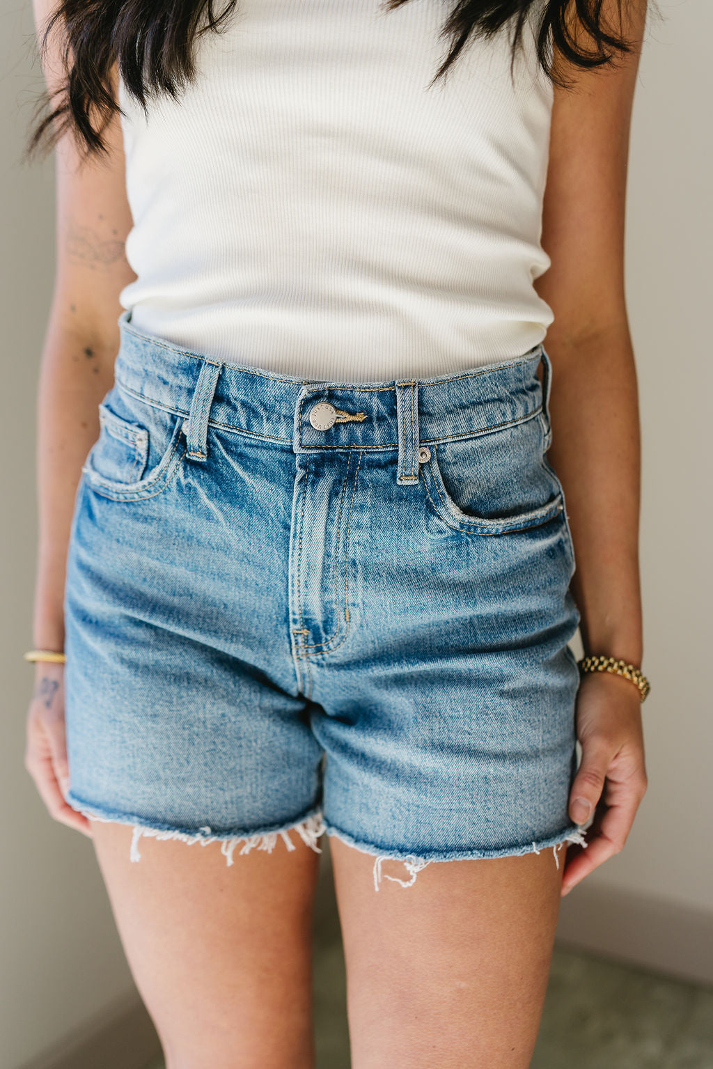 Just USA Regan Medium Wash Denim Shorts - close front view