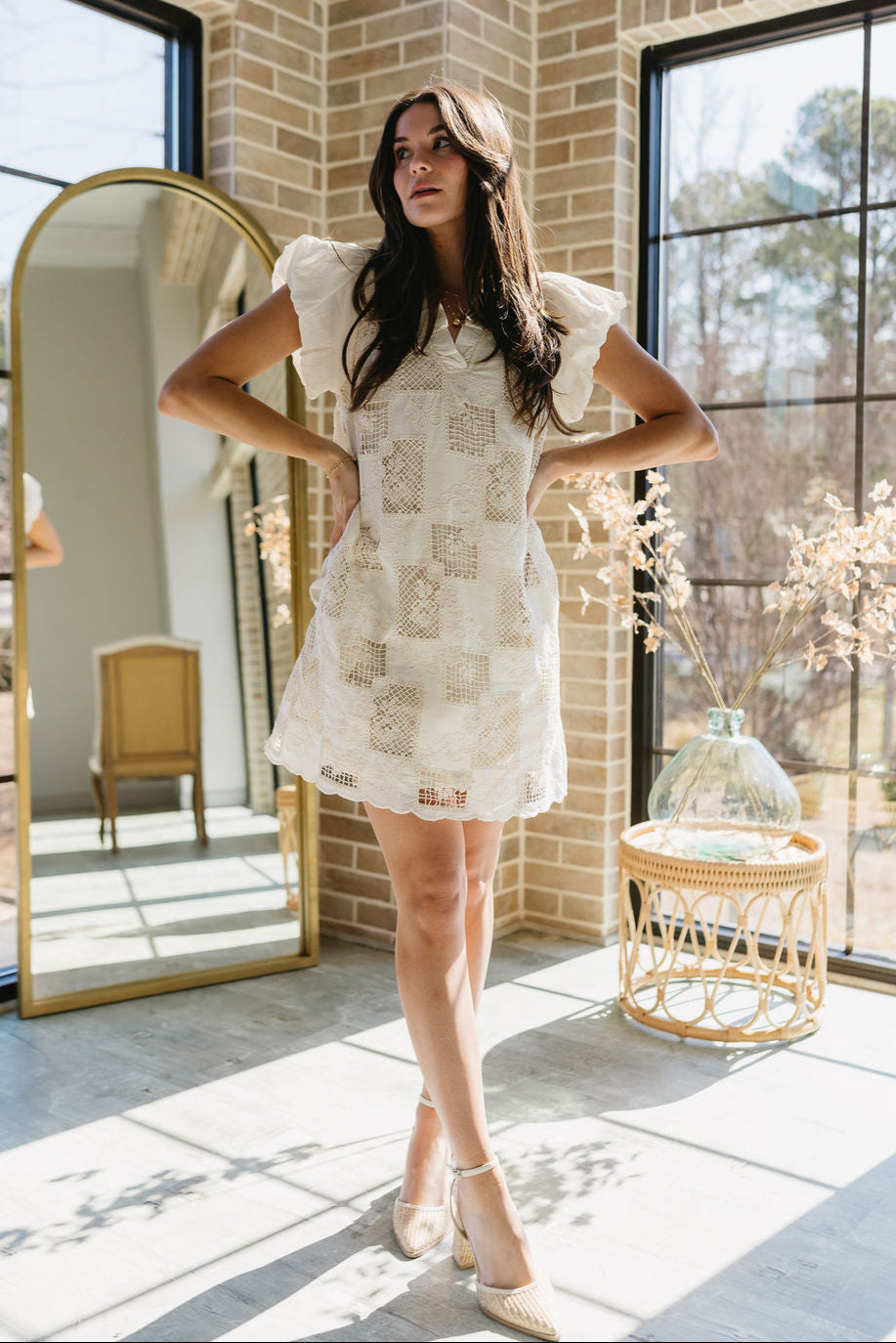 Camden Natural Crochet Floral Mini Dress - full front view