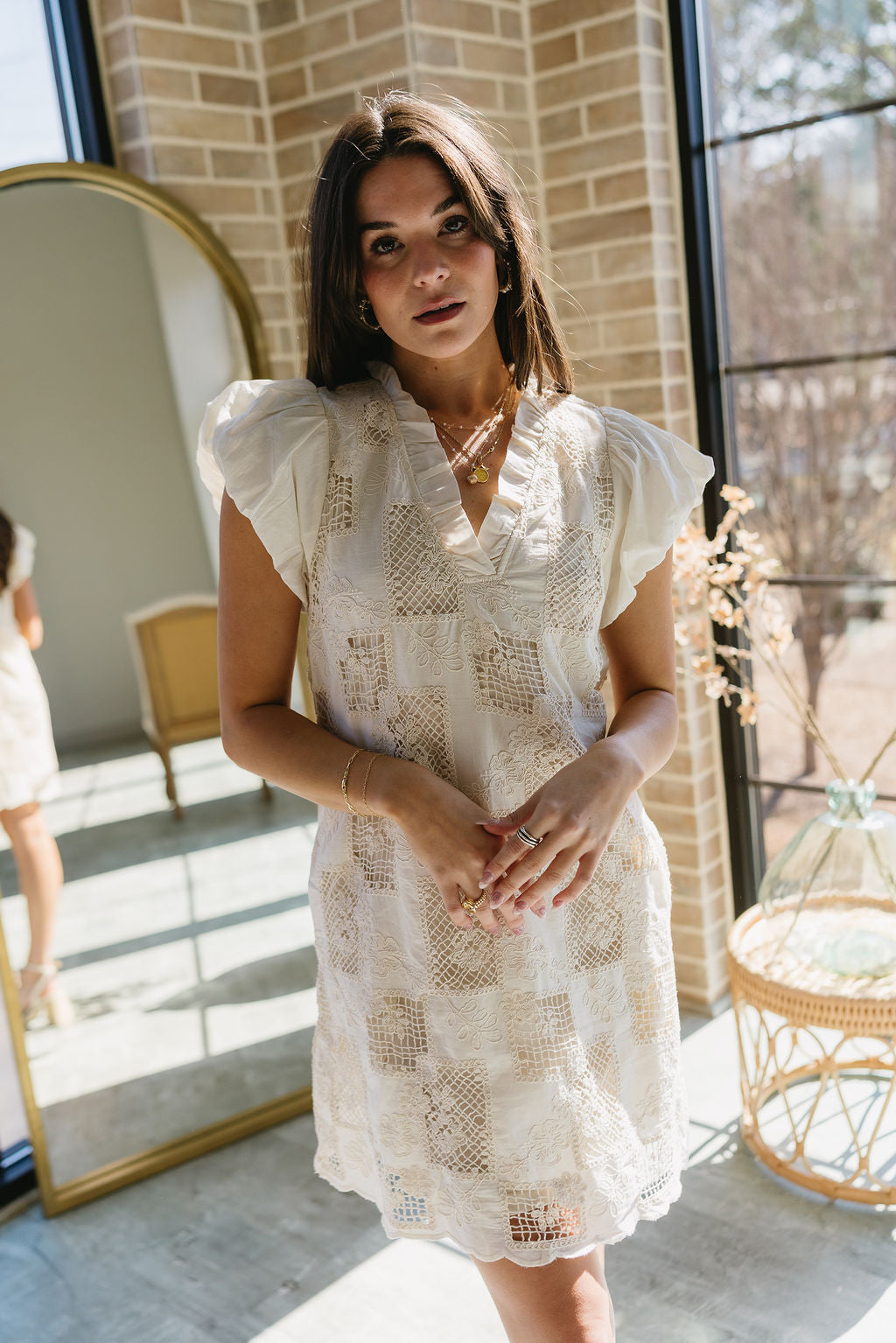 Camden Natural Crochet Floral Mini Dress - front view