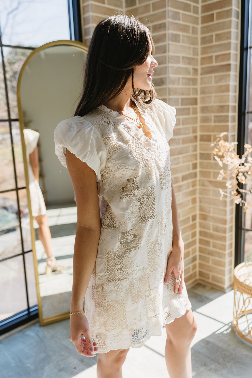 Camden Natural Crochet Floral Mini Dress - frontal side view