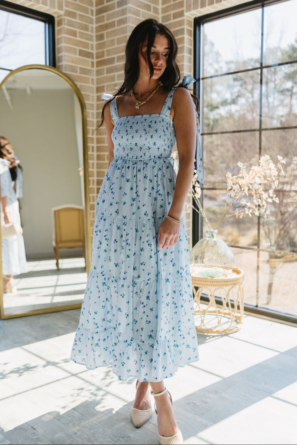 Haley Blue & White Floral Striped Midi Dress - full front view