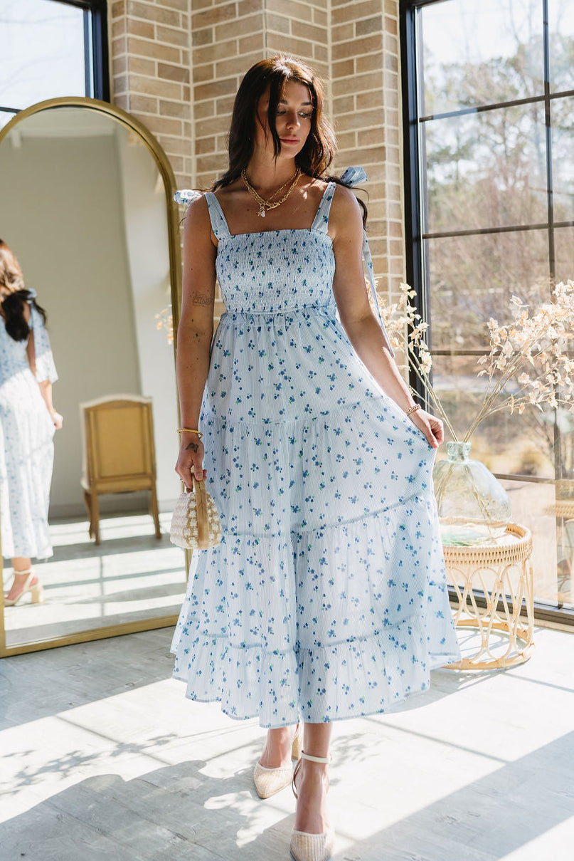 Haley Blue & White Floral Striped Midi Dress - full body front view