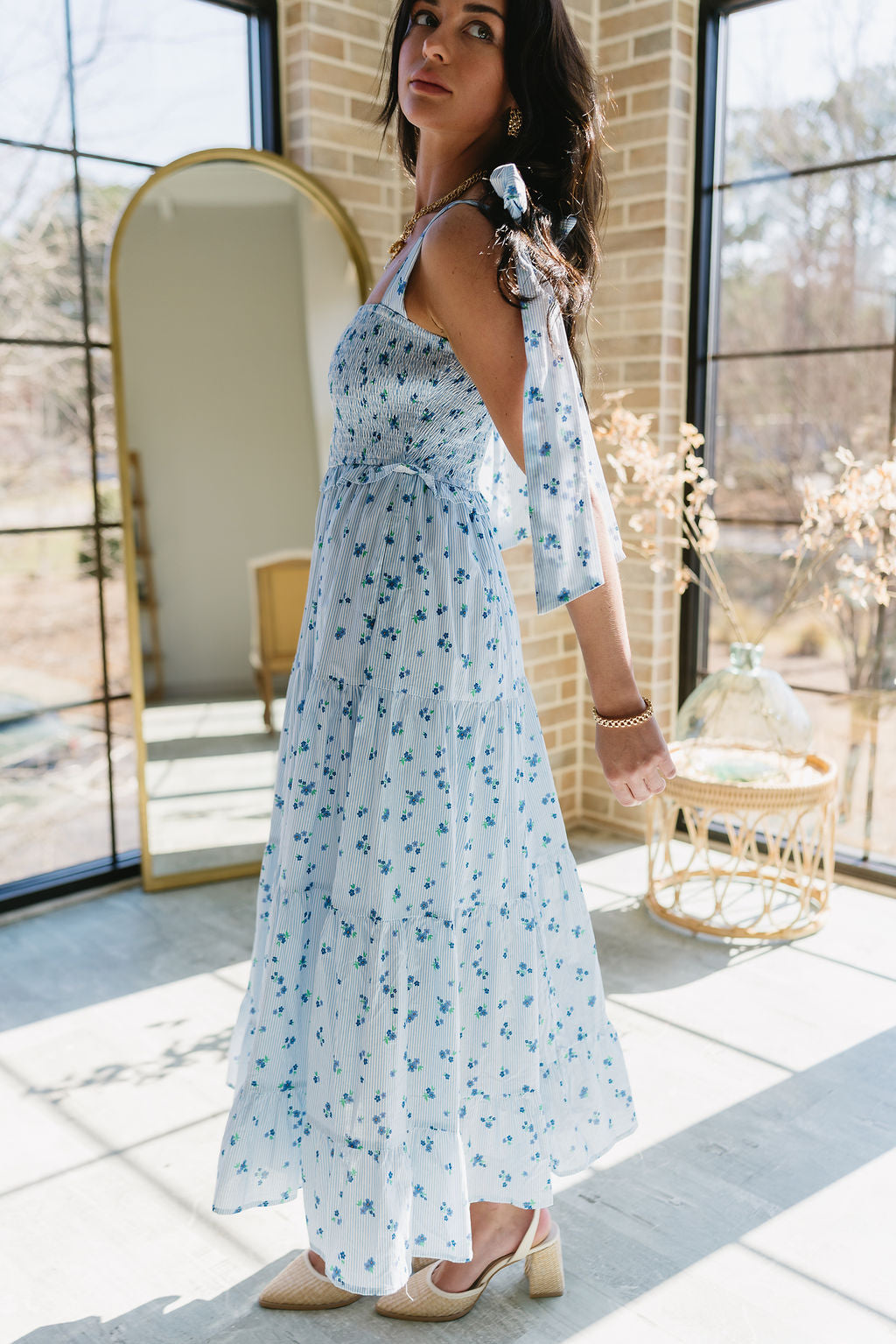 Blue & White Floral Dress Haley Striped Midi with Tie Straps - Lizard Thicket Blue & White Floral Dress Haley Striped Midi with Tie Straps - Lizard Thicket