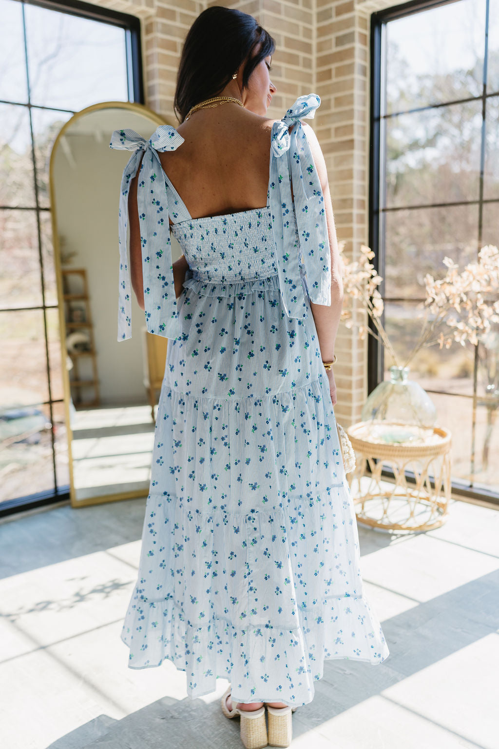 Blue & White Floral Dress Haley Striped Midi with Tie Straps - Lizard Thicket Blue & White Floral Dress Haley Striped Midi with Tie Straps - Lizard Thicket