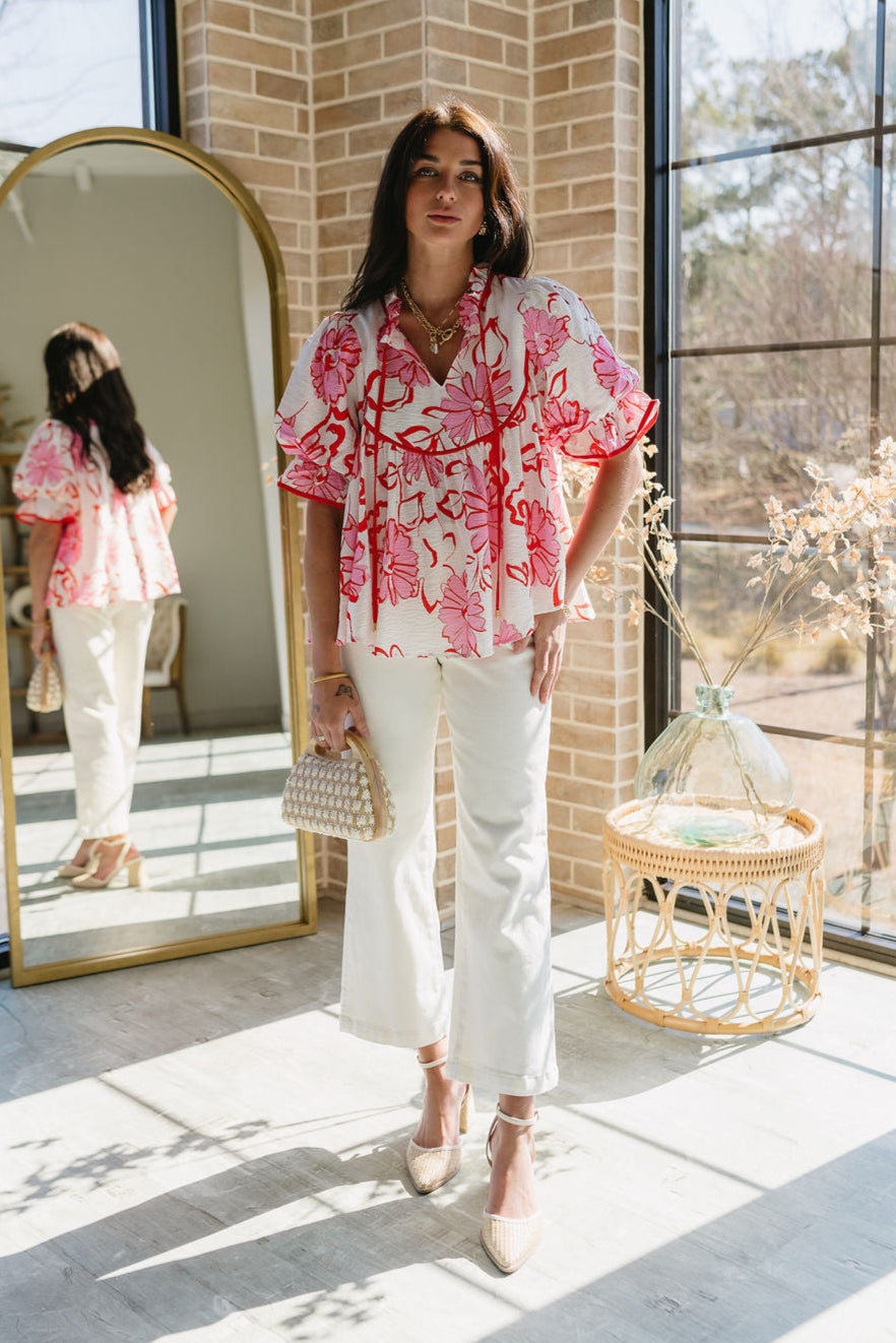 Ciera Red & Pink Floral Puff Sleeve Top - full body front view