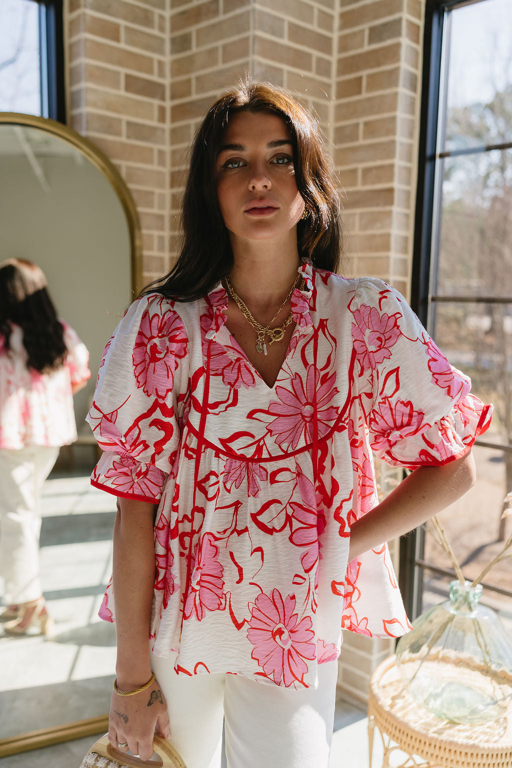 Ciera Red & Pink Floral Puff Sleeve Top - front view