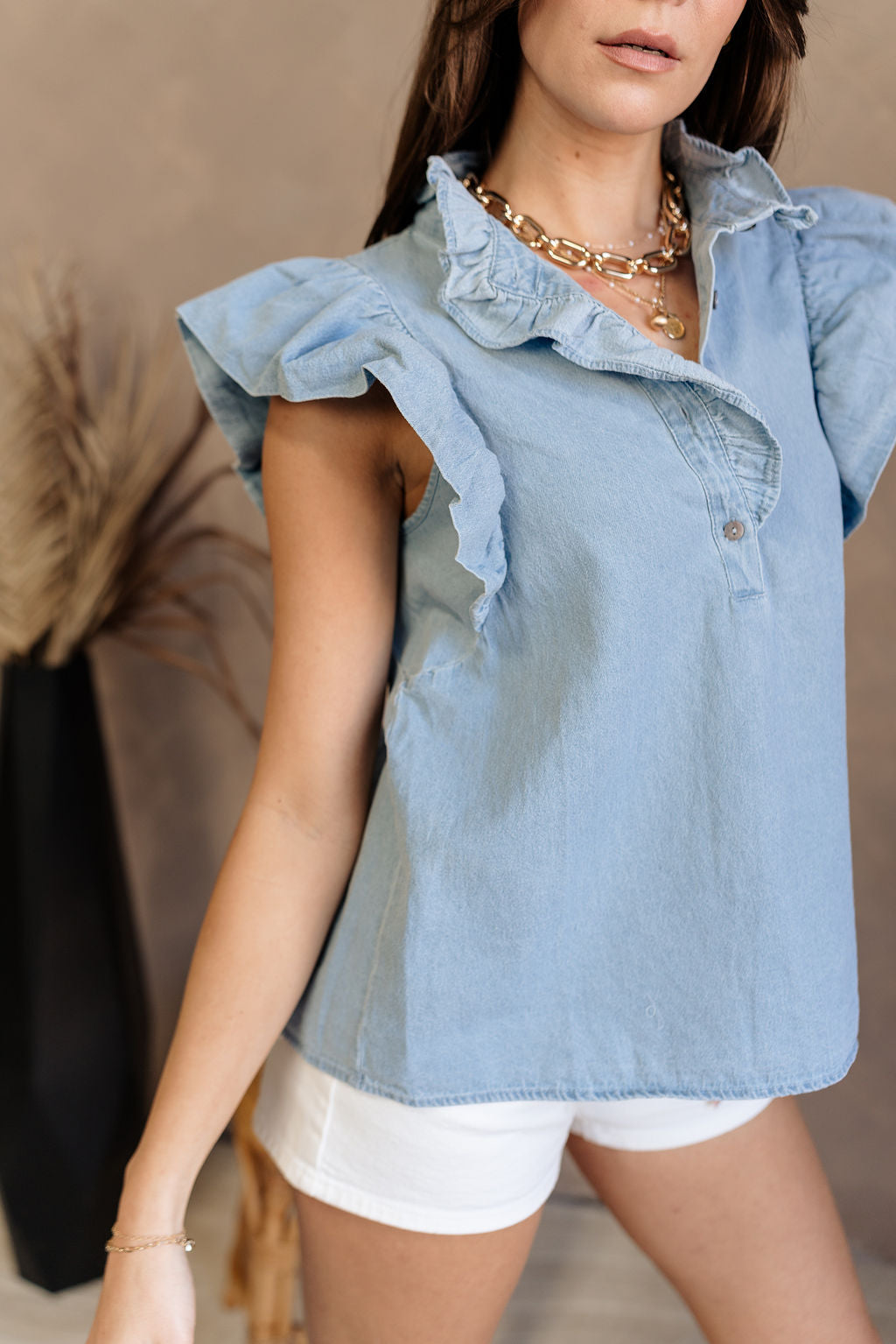 Rory Denim Ruffle Button-Up Top - close up front view