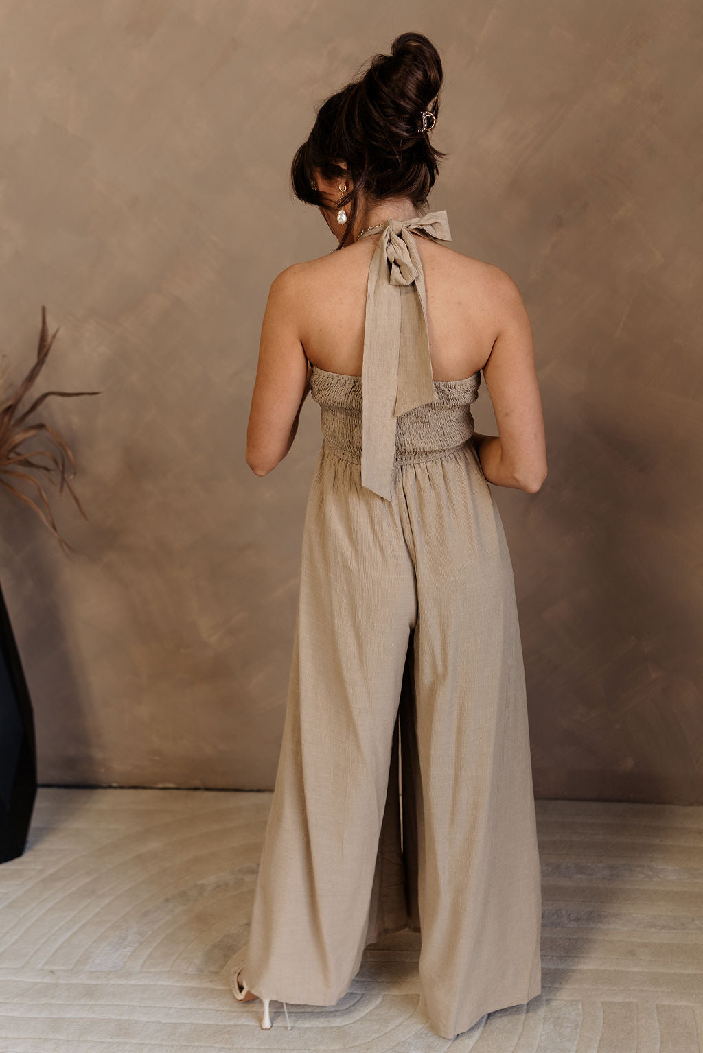 Ashton Taupe Halter Wide Leg Jumpsuit - full body back view