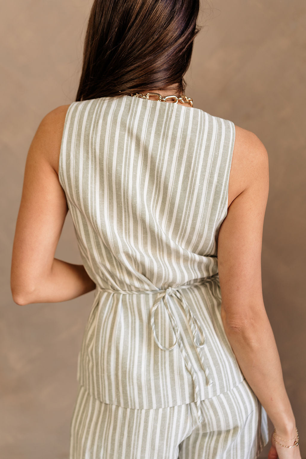 Tara Sage & White Striped Vest - close back view