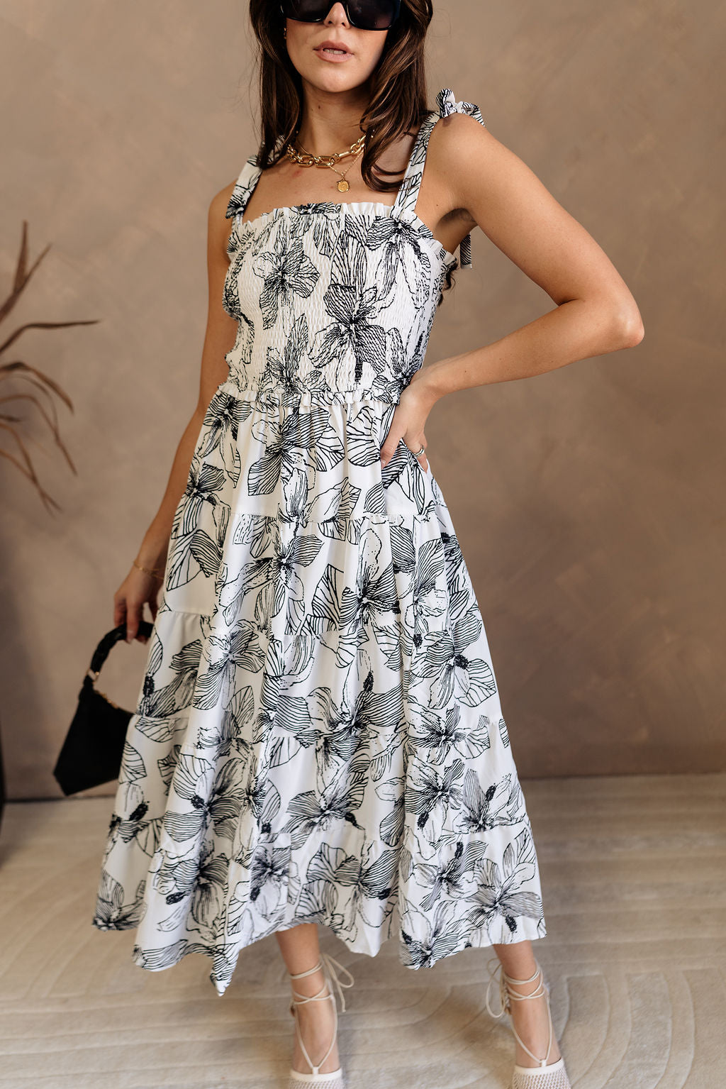 Cleo White & Black Floral Midi Dress - front view