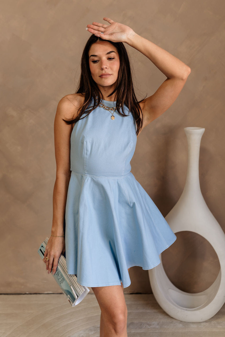 Catherine Light Blue Halter Mini Dress - front view