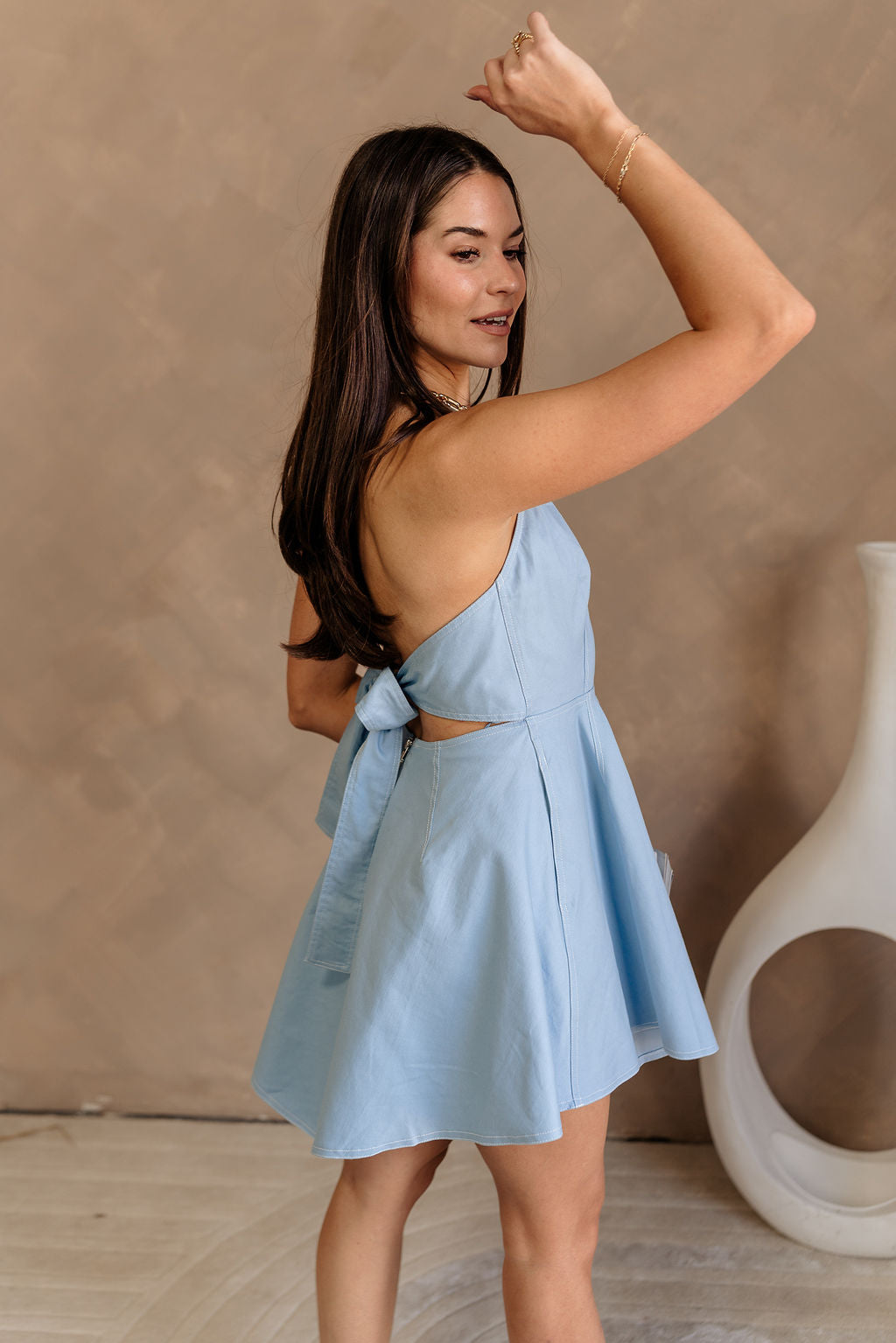 Catherine Light Blue Halter Mini Dress - side view