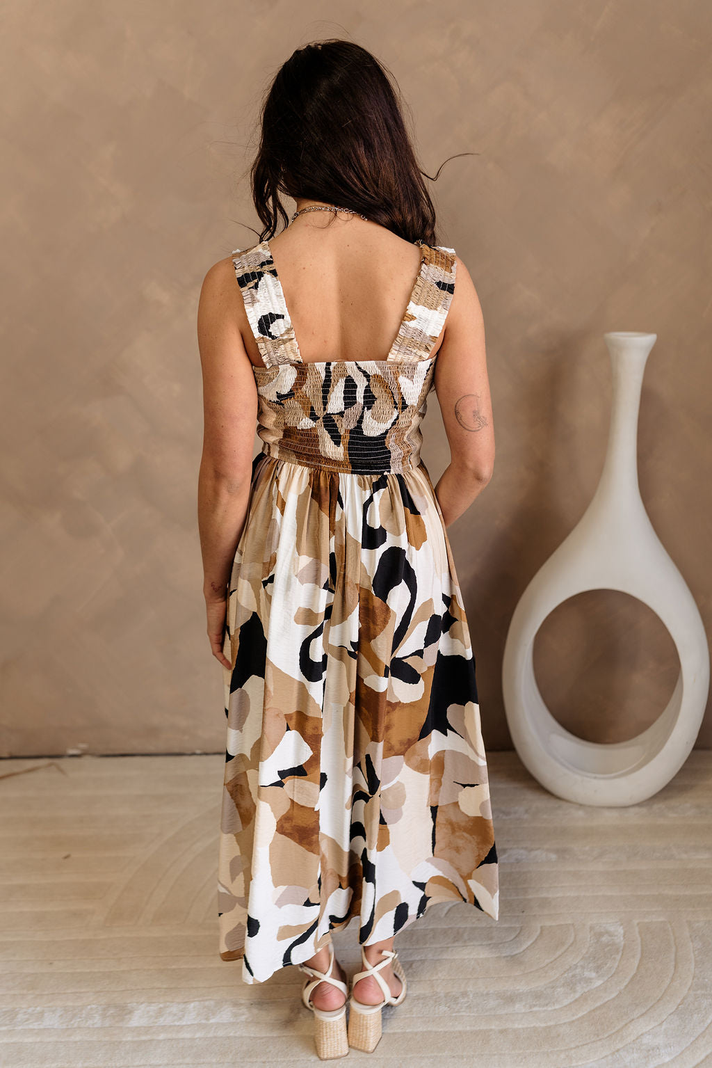 Charlene Taupe Multi Floral Midi Dress- full body back view