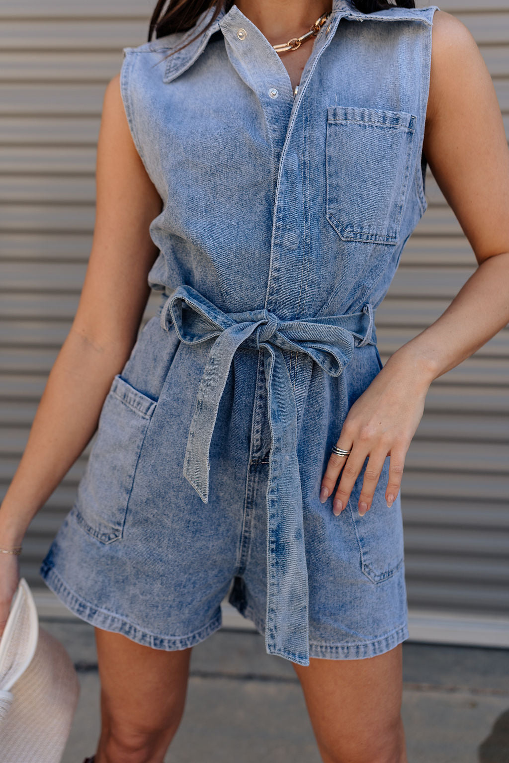 Viola Washed Denim Tie Waist Romper- close up front view