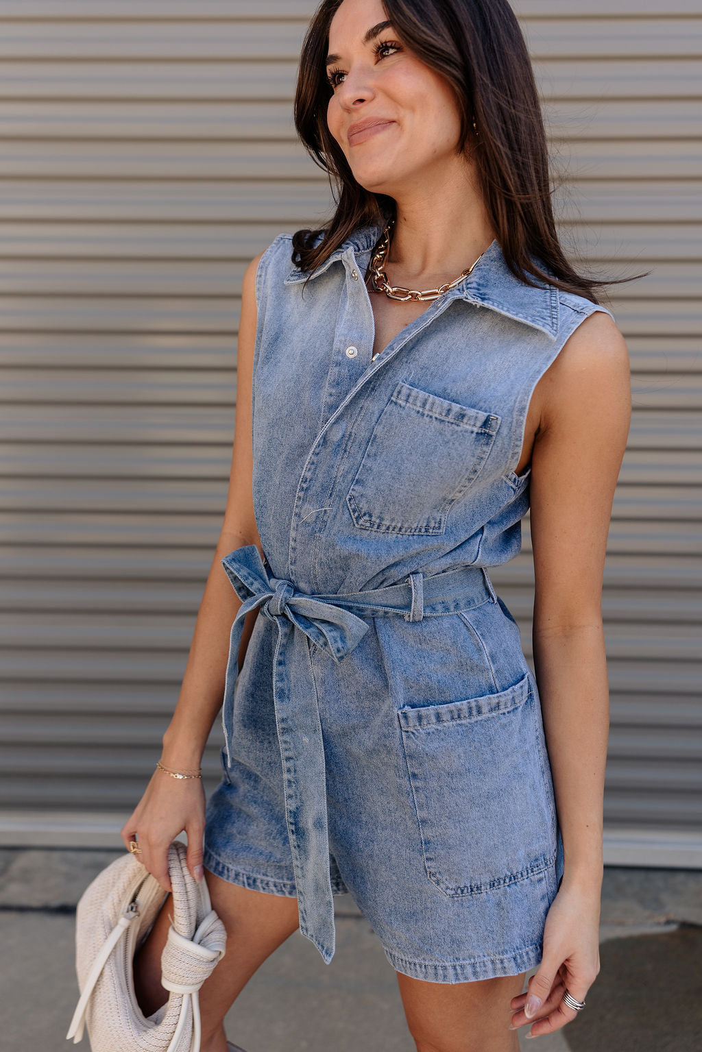 Viola Washed Denim Tie Waist Romper- frontal side view