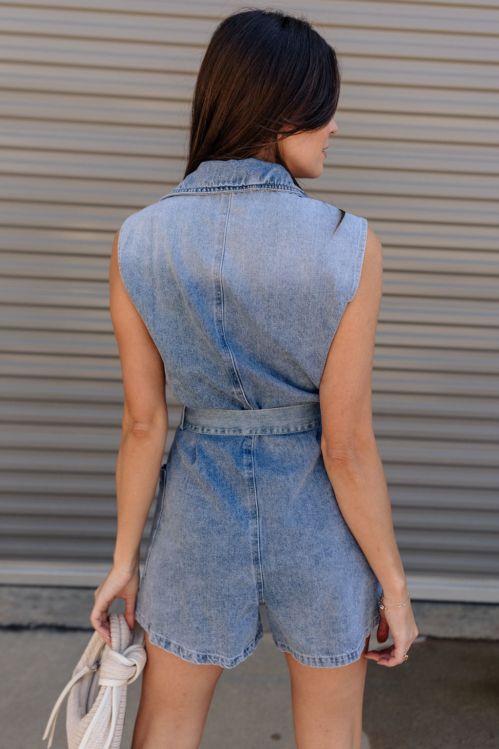 Viola Washed Denim Tie Waist Romper- back view