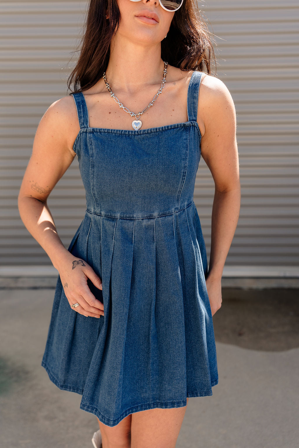 Sonya Dark Denim Pleated Skirt Mini Dress- front close up view