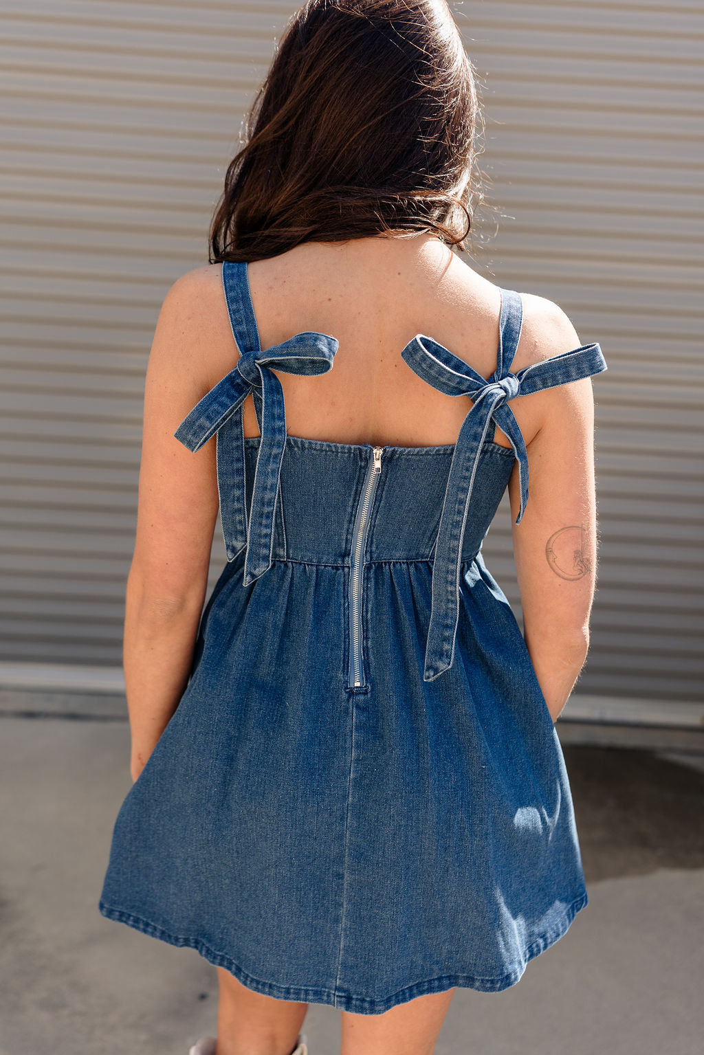 Sonya Dark Denim Pleated Skirt Mini Dress- back view