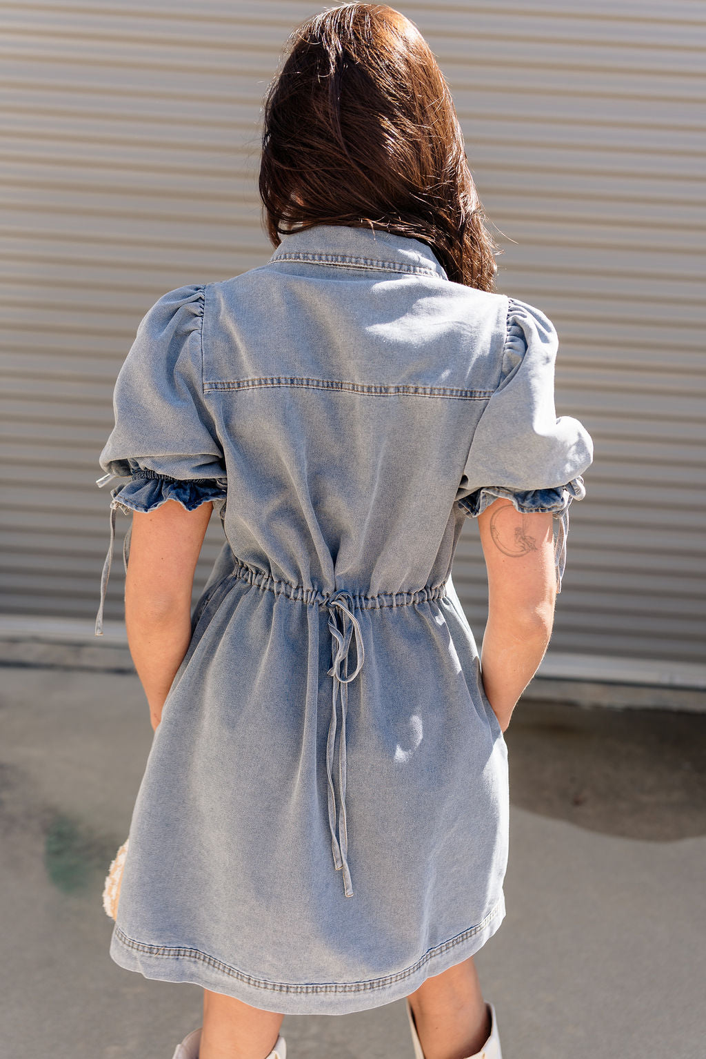 Teagan Denim Puff Sleeve Mini Dress - back view