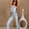 Evie Light Denim Halter Neckline Flare Jumpsuit- full body view