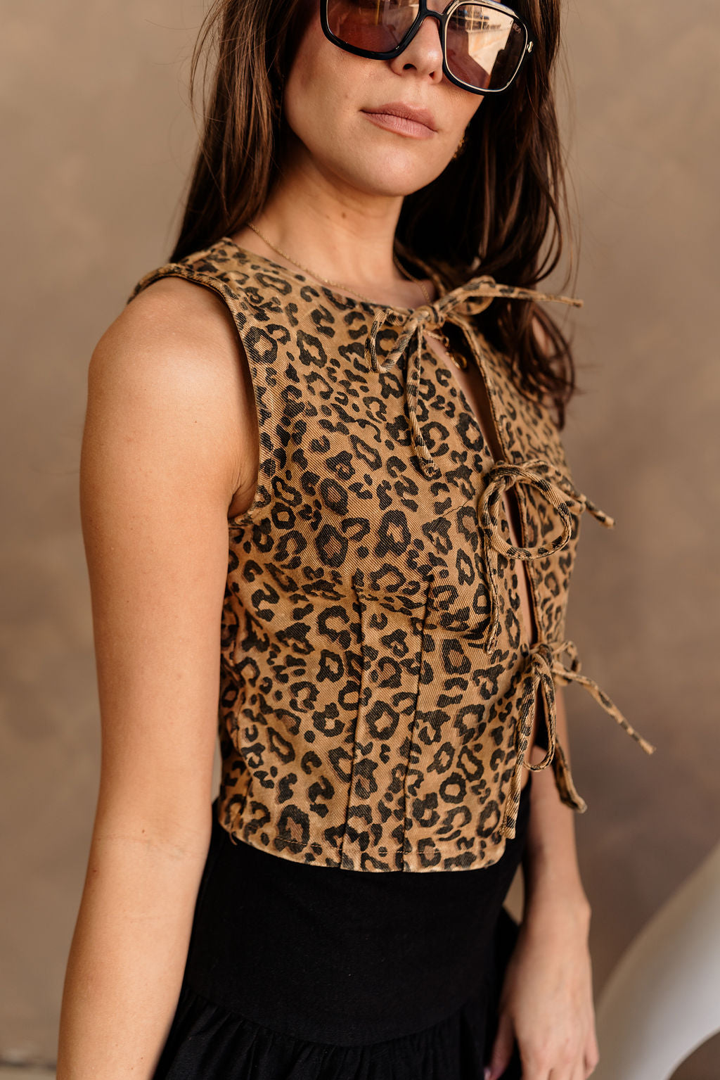 Willa Washed Leopard Denim Front Ties Vest- side view