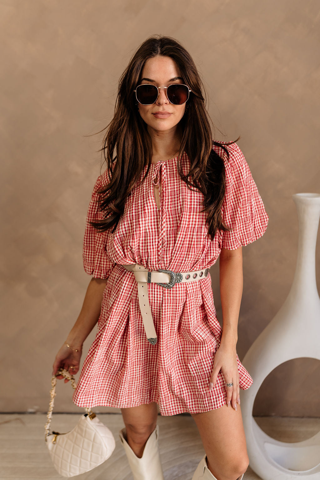 Poppy Red & White Gingham Mini Dress- front view