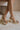Close up view of female model wearing the Chinese Laundry Theresa Platform Heel in Metallic which features gold metallic faux leather fabric, block heel, round toe, platform sole and adjustable strap.