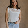Front view of female model wearing the Elisa Cream Knit Sleeveless Tank which features Cream Cotton Fabric, Open Knit Details, Round Neckline and Sleeveless