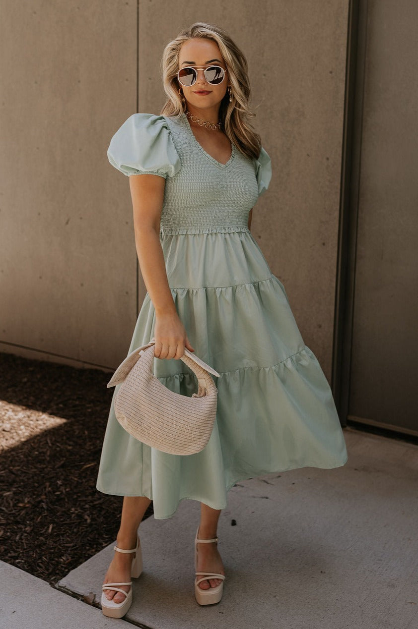 Sloan Sage Puff Sleeve Midi Dress - Lizard Thicket Sloan Sage Puff Sleeve Midi Dress - Lizard Thicket