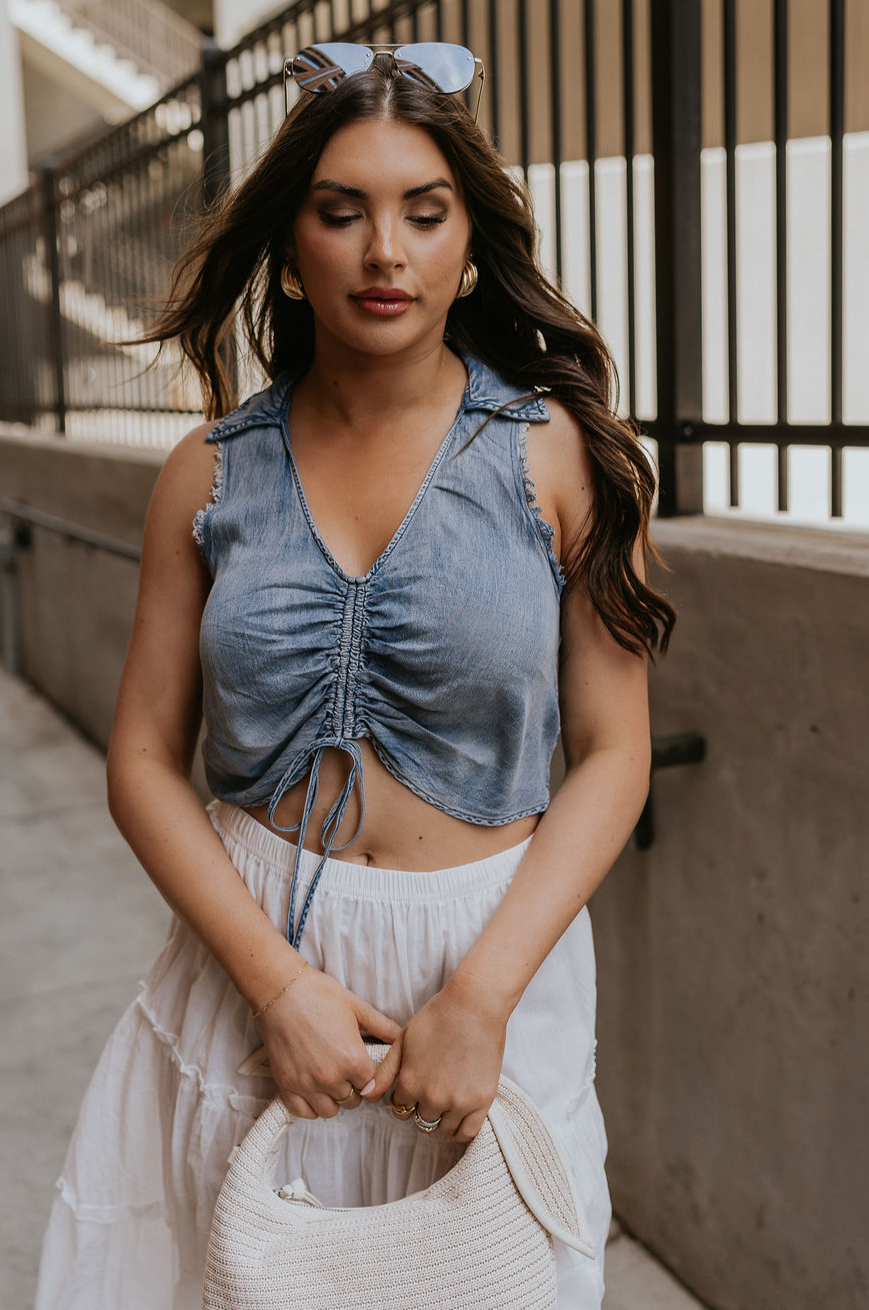 Front view of female model wearing the Dallas Denim Ruched Tank Medium Denim Lightweight Fabric, Front Ruched Detail, Scoop Neckline, Collared Neckline and Sleeveless