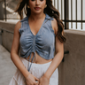 Front view of female model wearing the Dallas Denim Ruched Tank Medium Denim Lightweight Fabric, Front Ruched Detail, Scoop Neckline, Collared Neckline and Sleeveless