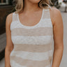 Close up view of female model wearing the Esme Taupe & Cream Stripe Tank which features Taupe & Cream Stripe Knit Fabric, Scoop Neckline and Sleeveless